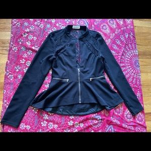 Peplum Style Zip Up Top w Lace Detail
